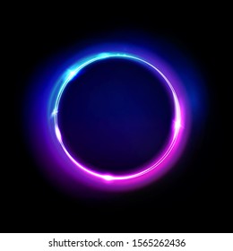 Neon circle sign vector. Light and glow round frame isolated on black background. Purple, violet, blue and pink electric bright 3d circular portal, laser, neon lamp bulb banner.