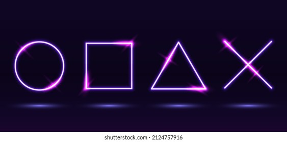 Neon circle, square, triangle and cross with bright shine on black background, neon effect, neon figures, luminescence effect, retro style futurism, cyberpunk 