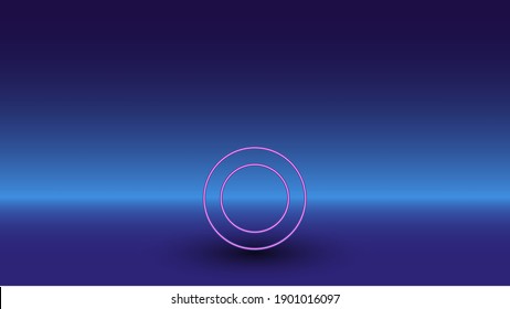 Símbolo de círculo neón sobre fondo azul gradiente. El símbolo aislado está situado en el centro inferior. Azul degradado con horizonte azul claro