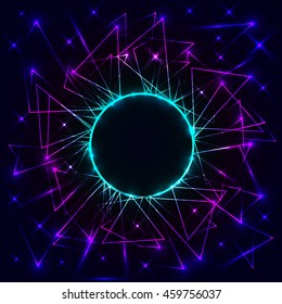 Neon circle with triangles. Vector futuristic technical background. Light and neon particles.