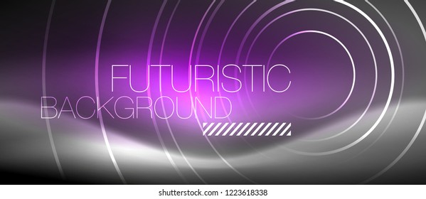 Neon circles abstract background, shiny lines, vector techno design