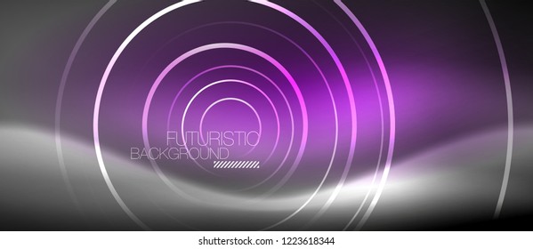 Neon circles abstract background, shiny lines, vector techno design