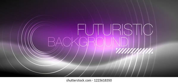 Neon circles abstract background, shiny lines, vector techno design