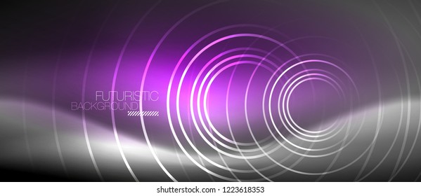 Neon circles abstract background, shiny lines, vector techno design
