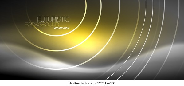 Neon circles abstract background, shiny lines, vector techno design