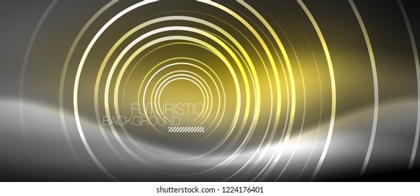 Neon circles abstract background, shiny lines, vector techno design