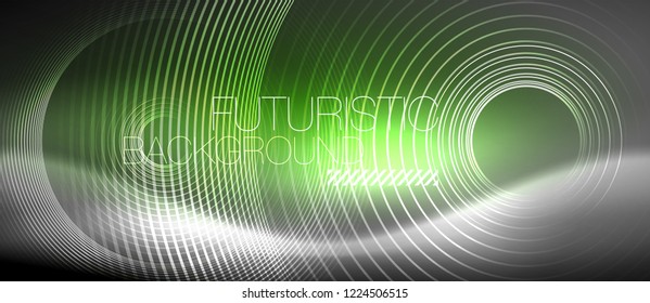 Neon circles abstract background, shiny lines, vector techno design