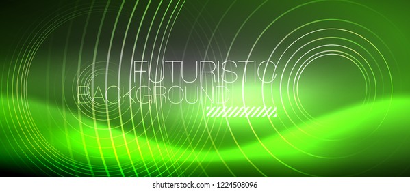 Neon circles abstract background, shiny lines, vector techno design