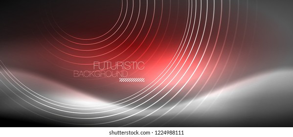 Neon circles abstract background, shiny lines, vector techno design