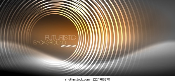 Neon circles abstract background, shiny lines, vector techno design