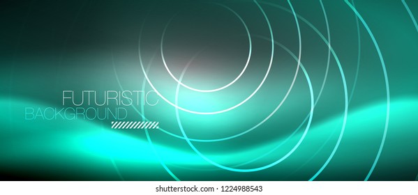 Neon circles abstract background, shiny lines, vector techno design