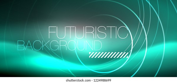 Neon circles abstract background, shiny lines, vector techno design