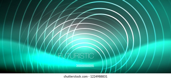 Neon circles abstract background, shiny lines, vector techno design