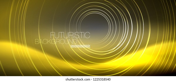 Neon circles abstract background, shiny lines, vector techno design