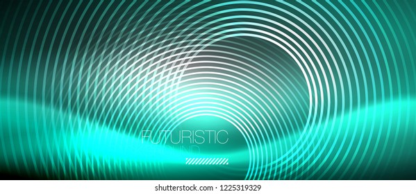 Neon circles abstract background, shiny lines, vector techno design