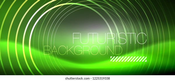 Neon circles abstract background, shiny lines, vector techno design