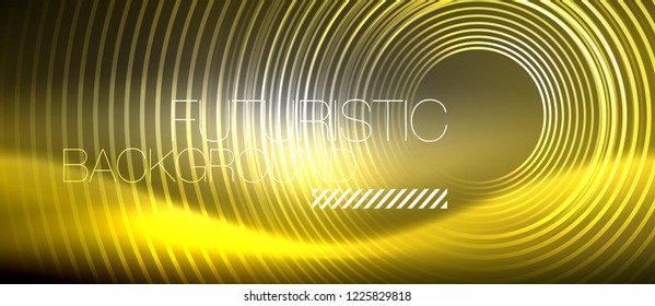 Neon circles abstract background, shiny lines, vector techno design
