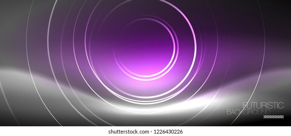Neon circles abstract background, shiny lines, vector techno design
