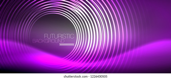 Neon circles abstract background, shiny lines, vector techno design