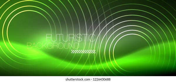 Neon circles abstract background, shiny lines, vector techno design