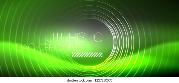 Neon circles abstract background, shiny lines, vector techno design