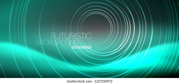 Néon círculos fundo abstrato, linhas brilhantes, vetor techno design