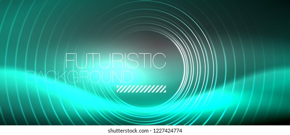Neon circles abstract background, shiny lines, vector techno design