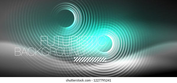 Neon circles abstract background, shiny lines, vector techno design