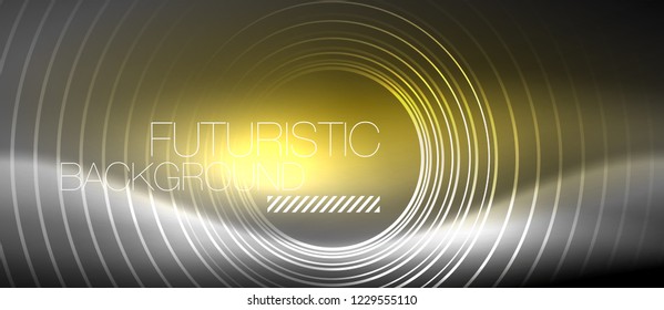 Neon circles abstract background, shiny lines, vector techno design