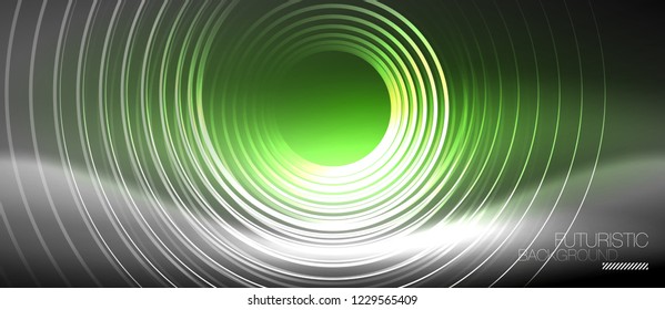 Neon circles abstract background, shiny lines, vector techno design
