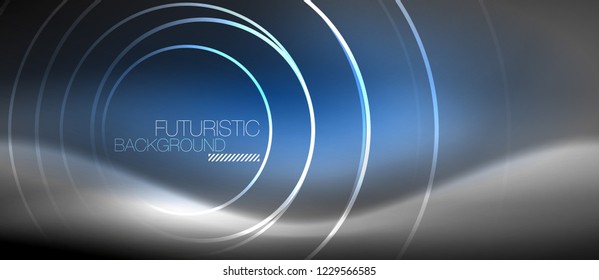 Neon circles abstract background, shiny lines, vector techno design