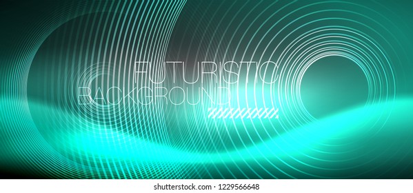 Neon circles abstract background, shiny lines, vector techno design