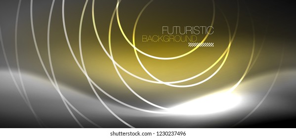 Neon circles abstract background, shiny lines, vector techno design