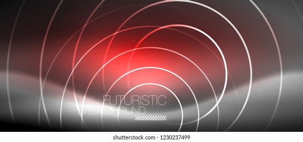 Neon circles abstract background, shiny lines, vector techno design