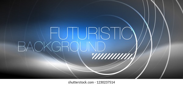 Neon circles abstract background, shiny lines, vector techno design