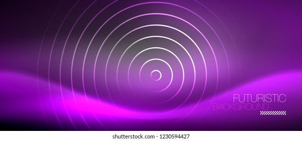 Neon circles abstract background, shiny lines, vector techno design