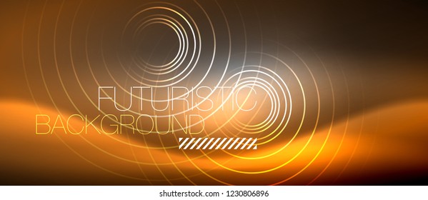 Neon circles abstract background, shiny lines, vector techno design
