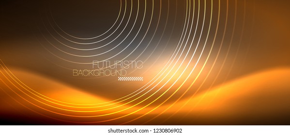 Neon circles abstract background, shiny lines, vector techno design