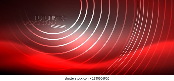 Neon circles abstract background, shiny lines, vector techno design