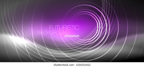 Neon circles abstract background, shiny lines, vector techno design