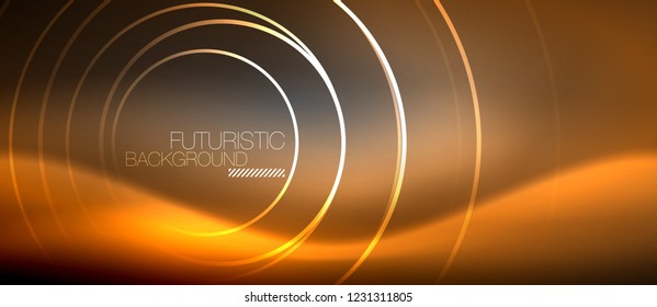 Neon circles abstract background, shiny lines, vector techno design