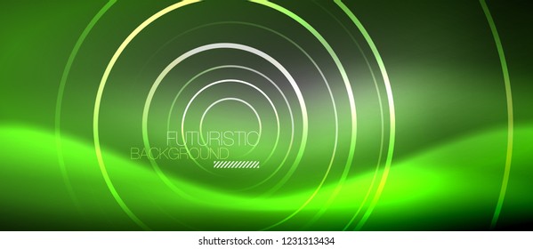 Neon circles abstract background, shiny lines, vector techno design