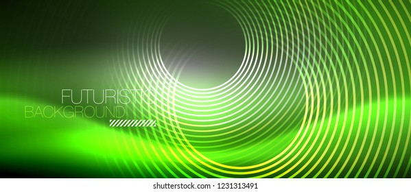 Neon circles abstract background, shiny lines, vector techno design