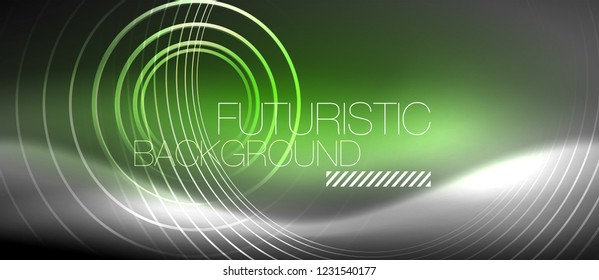Neon circles abstract background, shiny lines, vector techno design