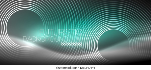 Neon circles abstract background, shiny lines, vector techno design