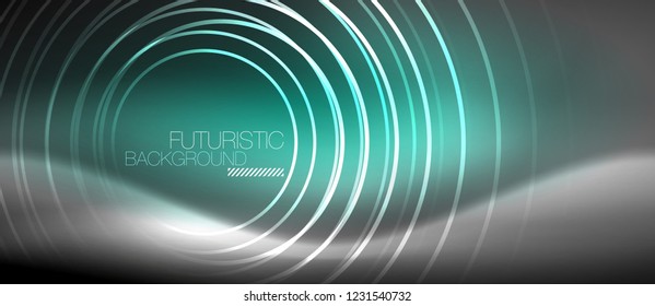 Neon circles abstract background, shiny lines, vector techno design
