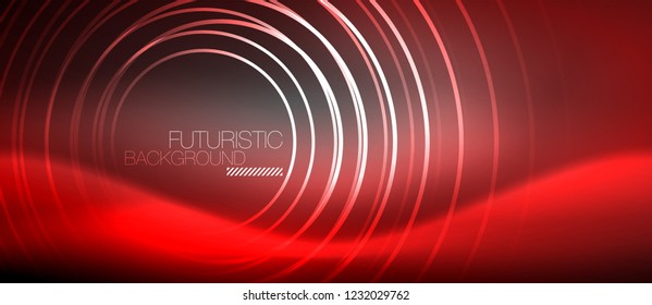 Neon circles abstract background, shiny lines, vector techno design