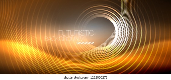 Neon circles abstract background, shiny lines, vector techno design