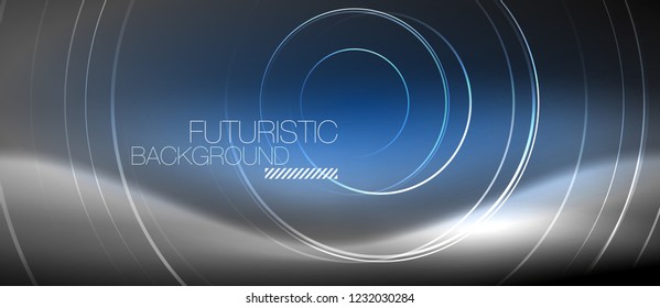 Neon circles abstract background, shiny lines, vector techno design