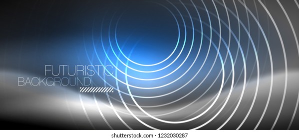 Neon circles abstract background, shiny lines, vector techno design